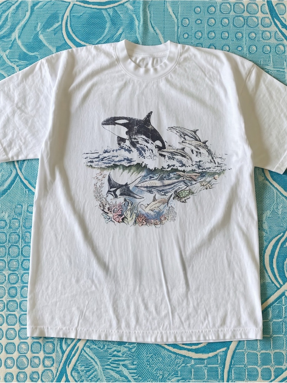 White Tee with Ocean Wildlife Graphic